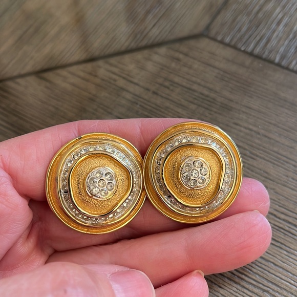 Vintage Gold-tone Round Button Clip Earrings with Rhinestones Modern Design - Picture 7 of 11